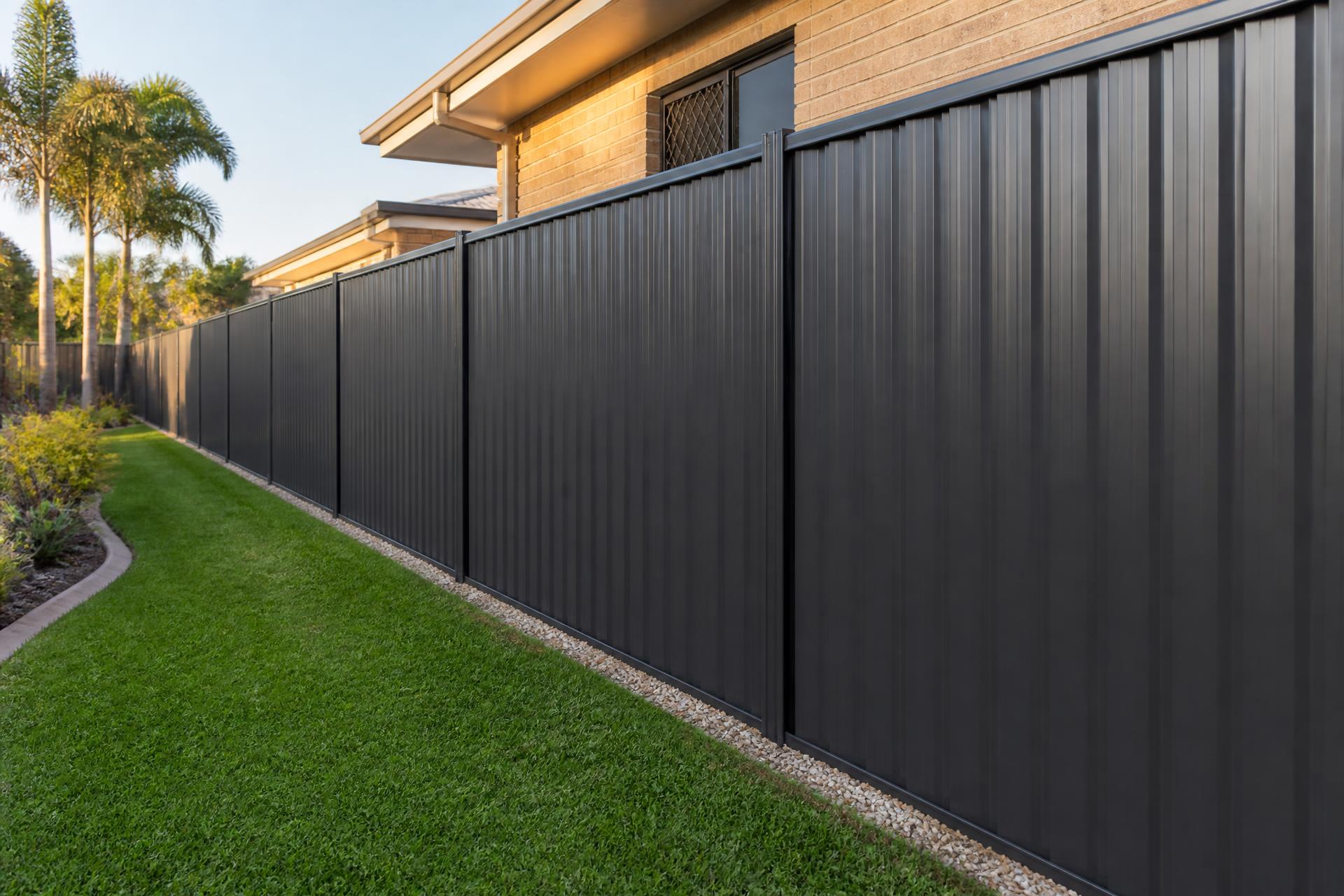 Dark Colorbond steel fence installed along a Brisbane backyard boundary