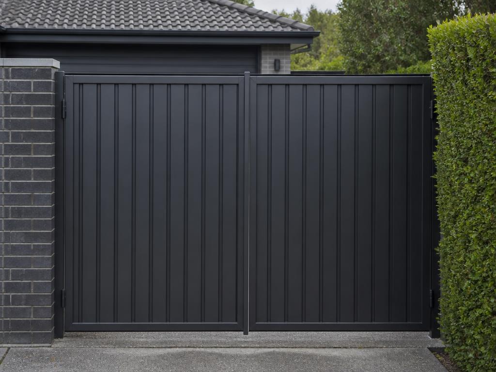 Dark Colorbond double gate installed at a residential driveway