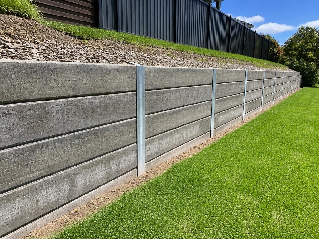 Concrete sleeper retaining wall holding back a sloping backyard